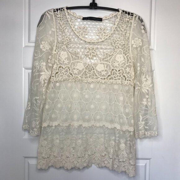 Zara Basic‎ Sheer Lace Crochet Top Women's M Boho 3/4 Sleeves Lightweight Cream - Picture 2 of 6